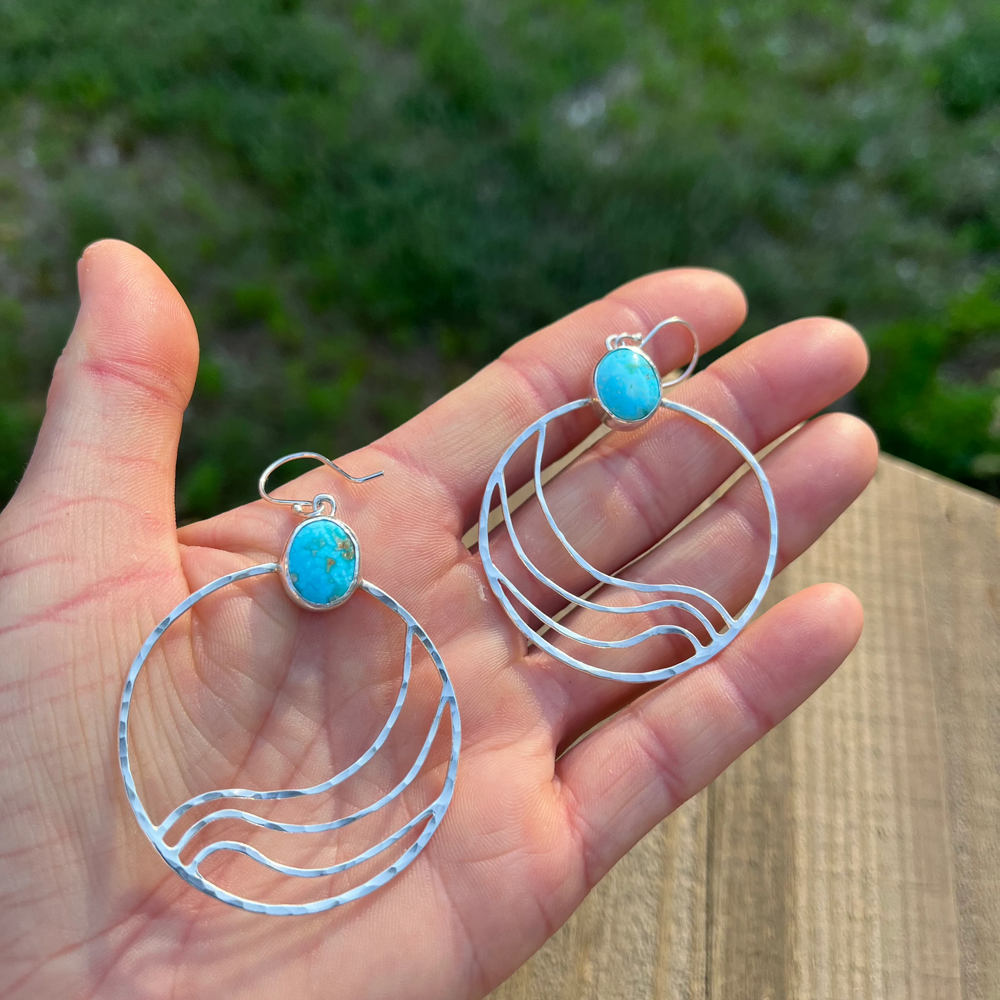 One of a Kind Ripple Turquoise Hoops