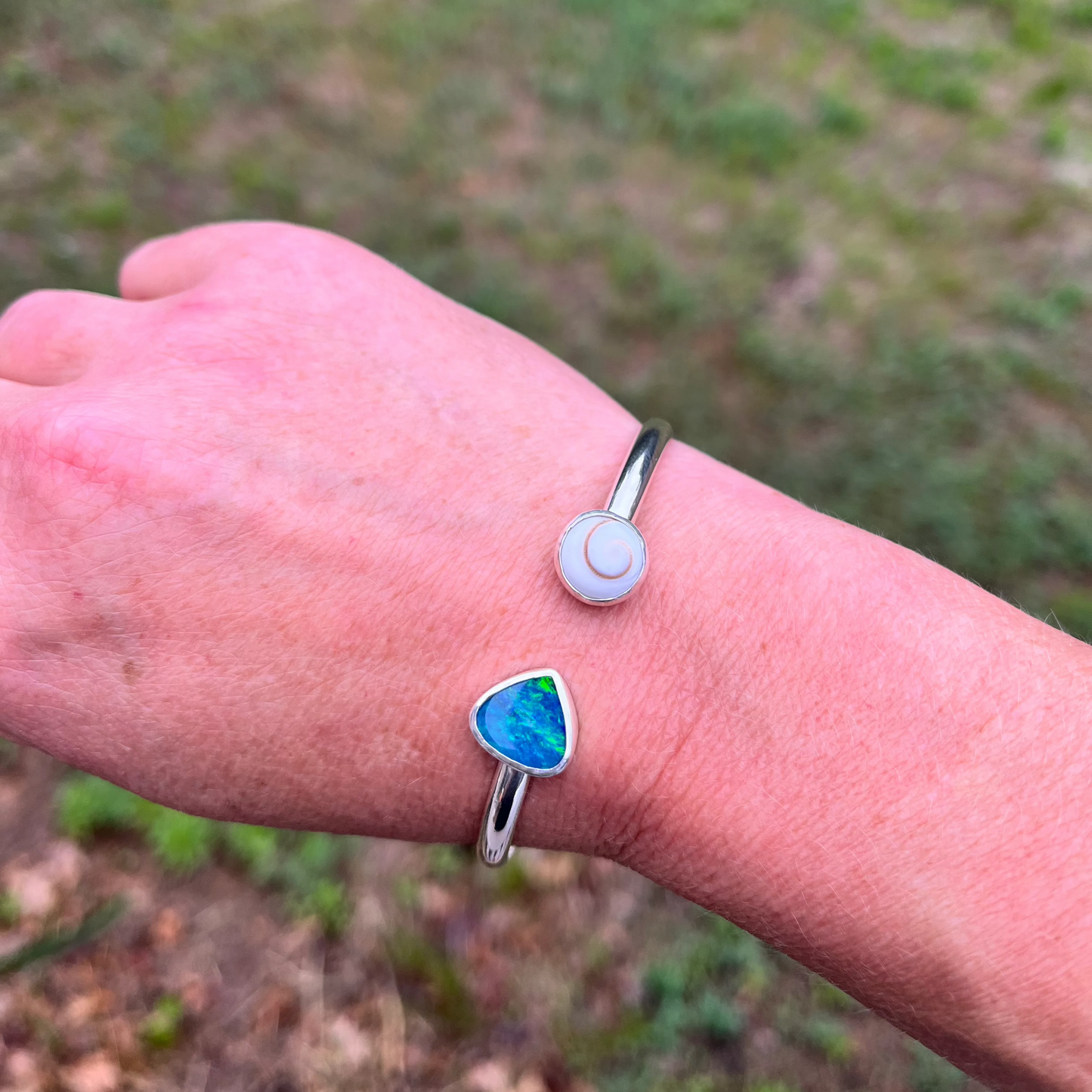 Sterling Silver Shiva Shell and australian opal cuff bracelet by Ocean Love Designs