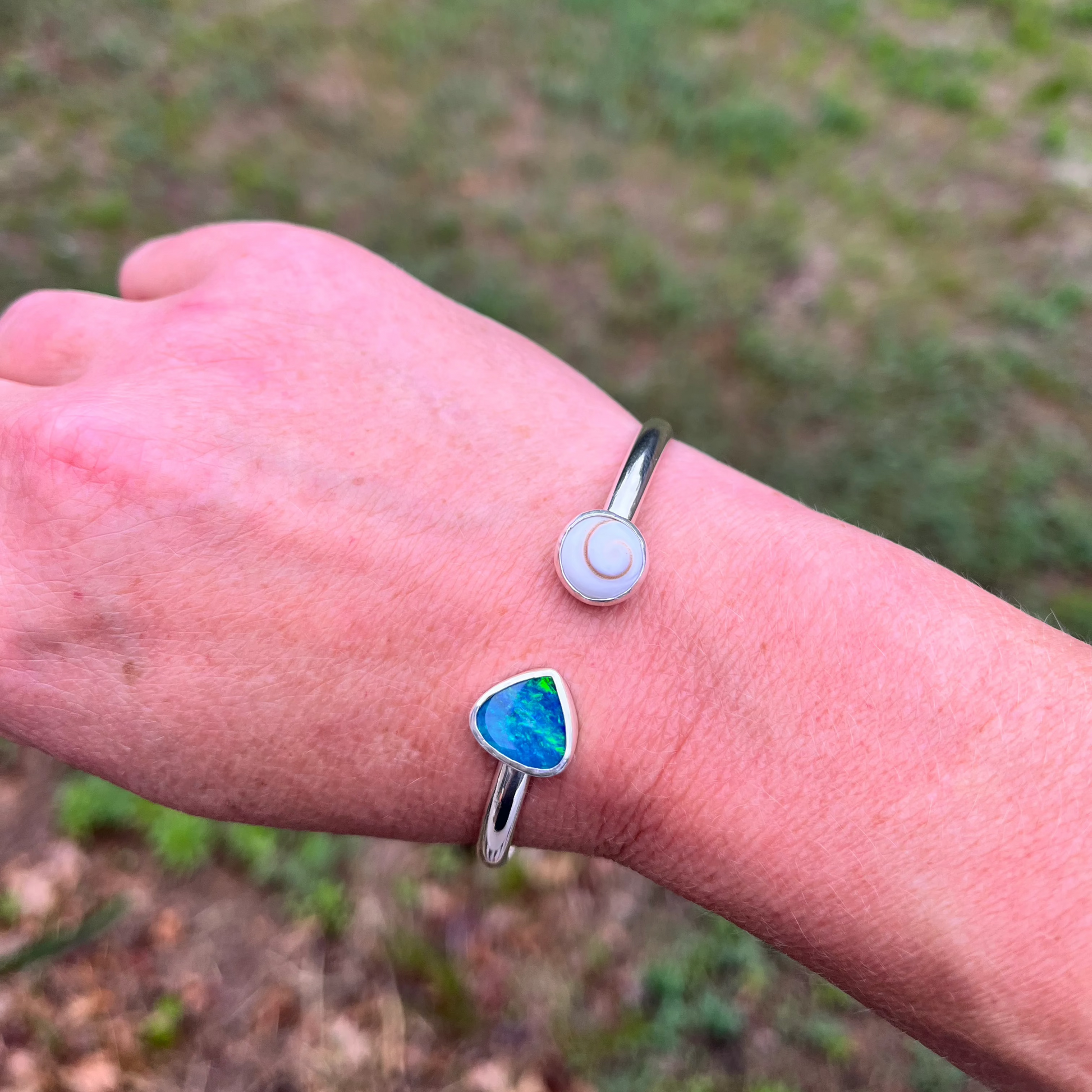 Sterling Silver Shiva Shell and australian opal cuff bracelet by Ocean Love Designs