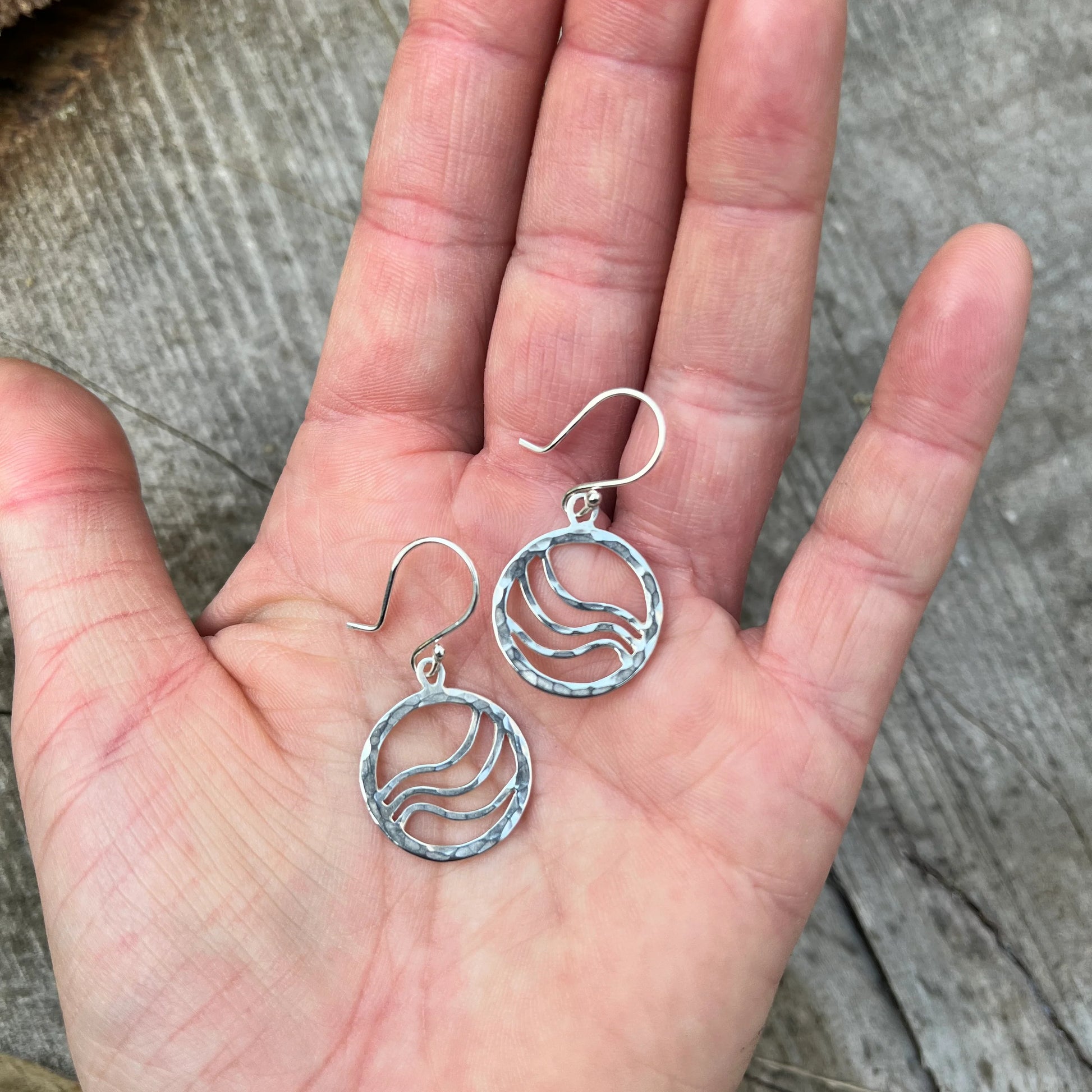 Hammered sterling silver circular earrings with ripples