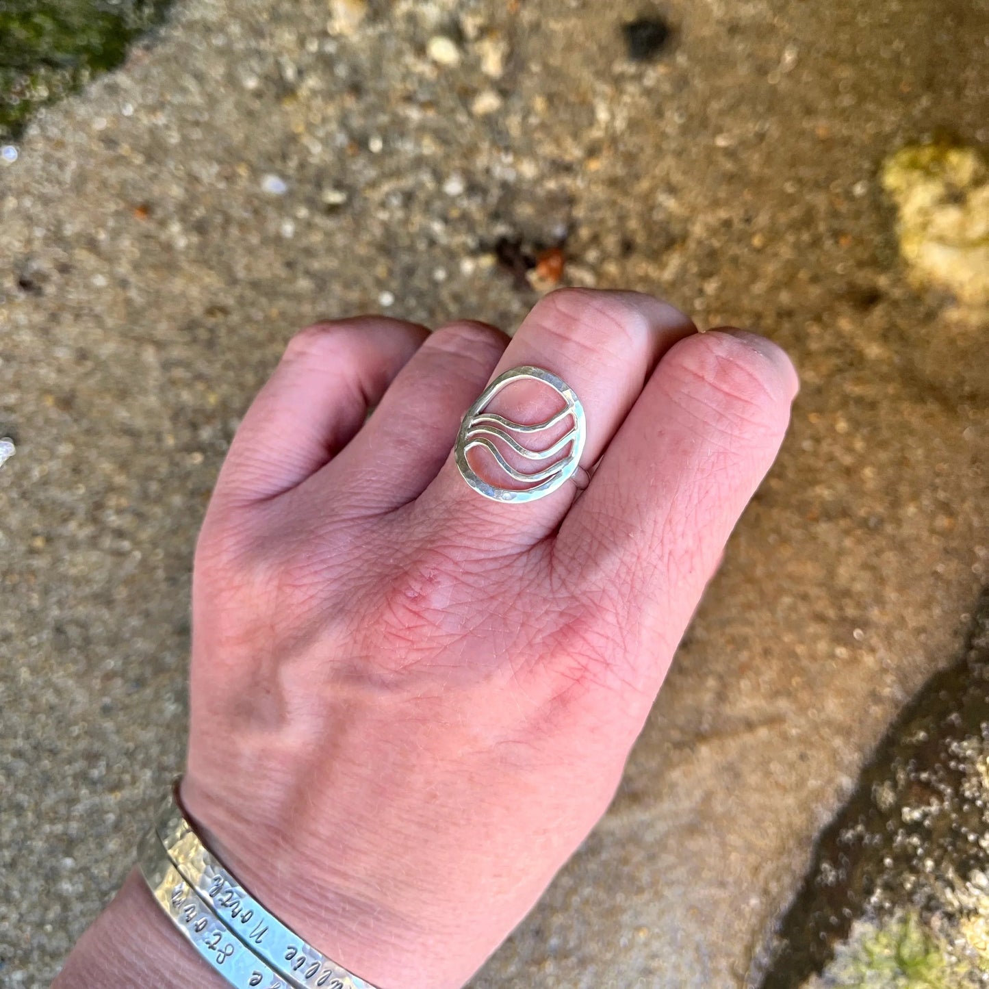 Sterling silver hammered ring with ripples