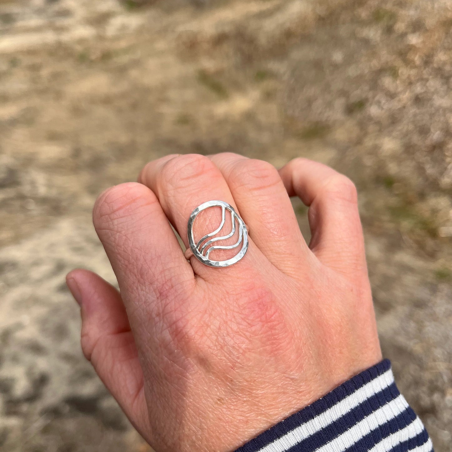 Sterling silver hammered ring with ripples
