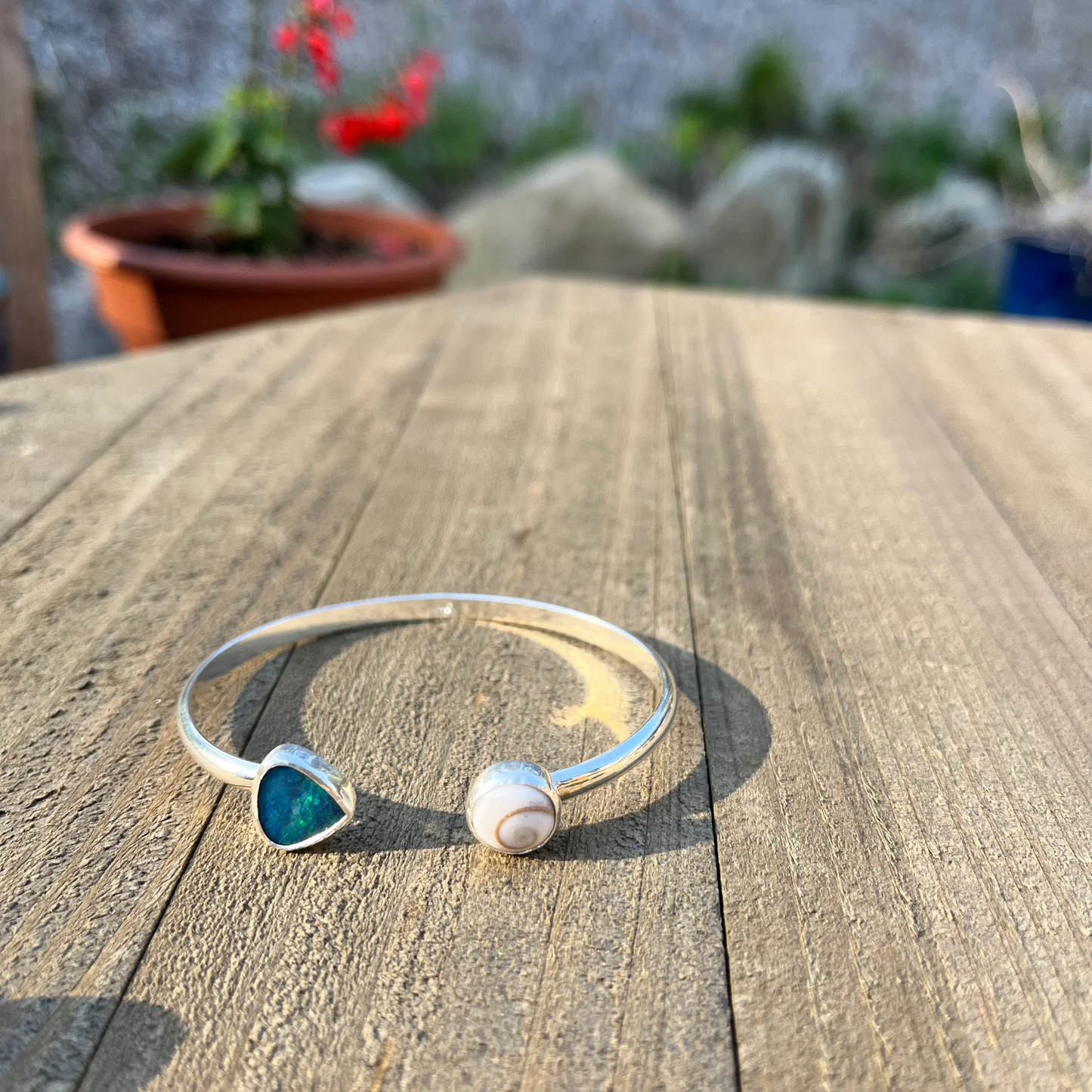 Sterling Silver Shiva Shell and australian opal cuff bracelet by Ocean Love Designs