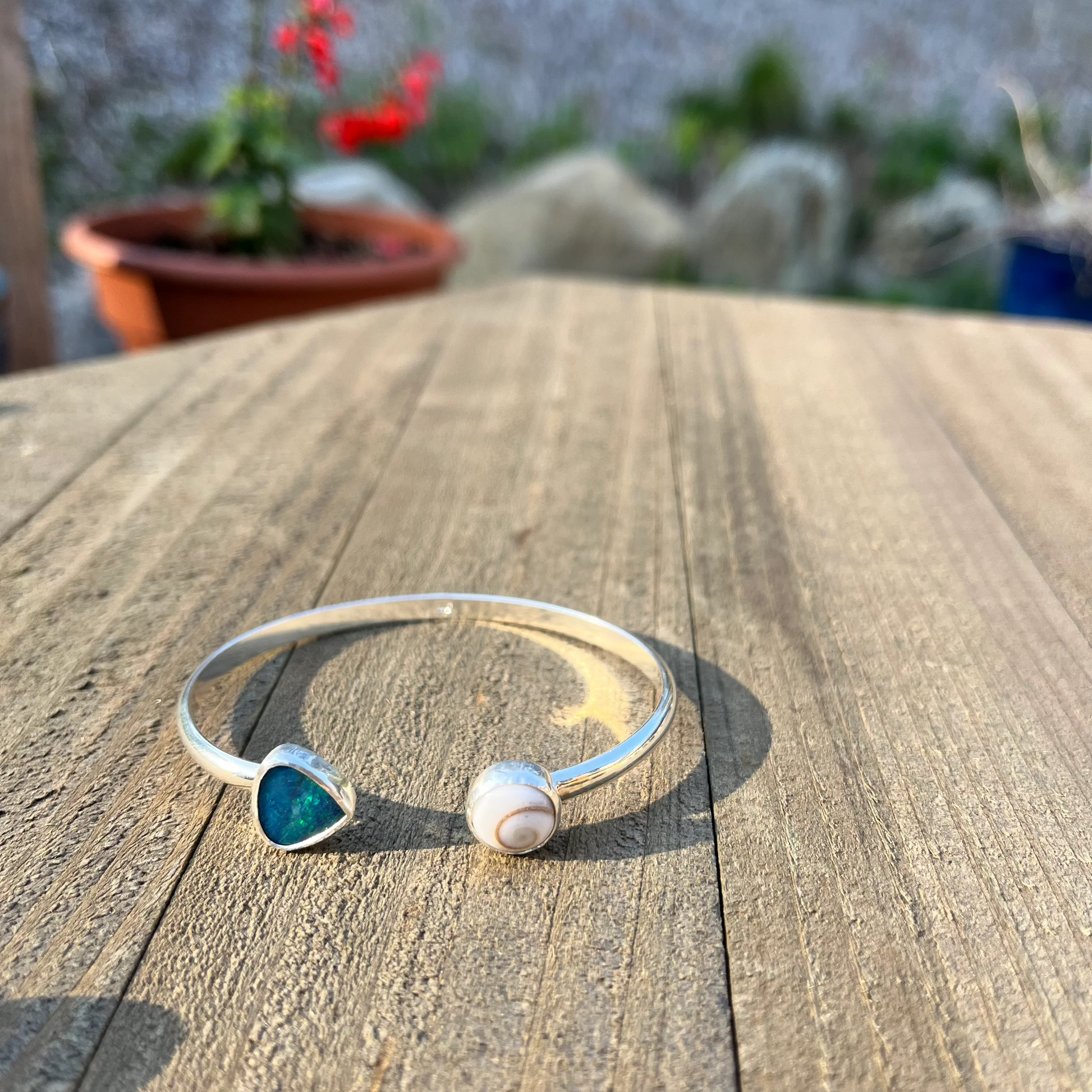 Sterling Silver Shiva Shell and australian opal cuff bracelet by Ocean Love Designs