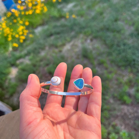 Sterling Silver Shiva Shell and australian opal cuff bracelet by Ocean Love Designs